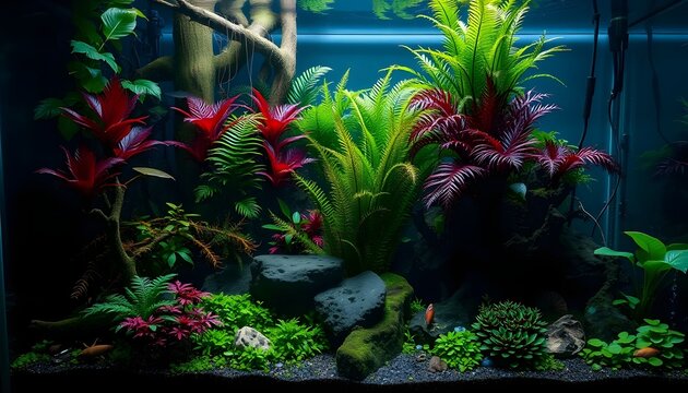 Southeast Asian biotope aquarium, full of Cryptocoryne and Java fern, with Rasbora fish and blackwater tones, detailed forest floor layout