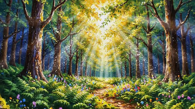 Sunlight Forest Path Impressionist Landscape Green Trees Ferns Flowers Magical Serene Nature