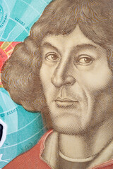 Nicolaus Copernicus a closeup portrait from Polish money