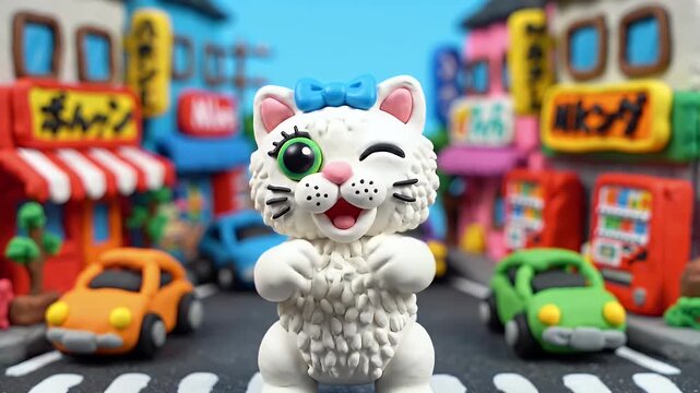 Playful White Clay Cat With Blue Bow Waving Paw on City Street with Miniature Cars and Buildings Background