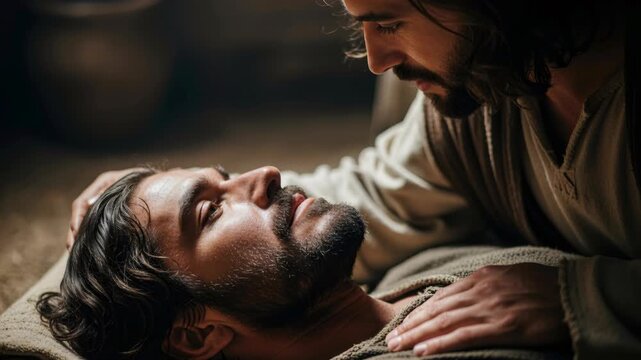 Jesus Christ, a man with a beard, touching eyes of another man. Biblical scene of divine healing for religious and spiritual concept.	
