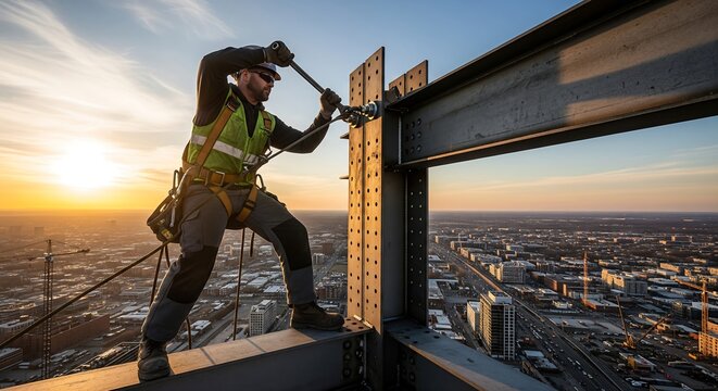 Construction Worker Bolting Steel Beam on Skyscraper at Sunset.