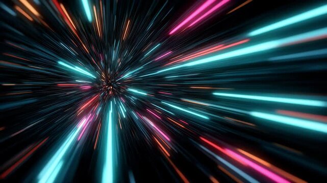 Abstract colorful light streaks dynamic motion trails on black background
