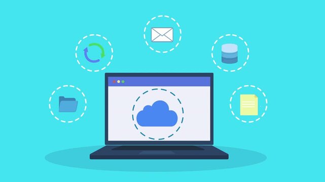 Flat vector animation of laptop with cloud symbol connected to digital service icons, representing data synchronization, file transfer, and online technology workflow.
