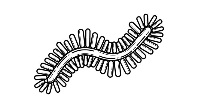 Microscopic view of a wavy bacillus bacterium with fimbriae, isolated on white background, scientific illustration