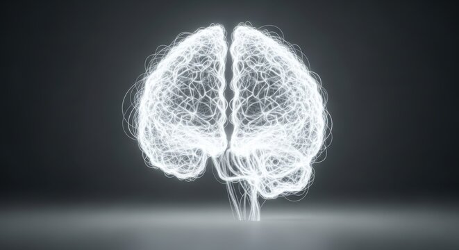 Glowing white brain on dark background