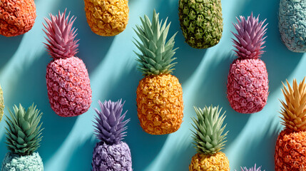 Fototapeta premium Fresh pineapples on blue background. Top View. Pop art design