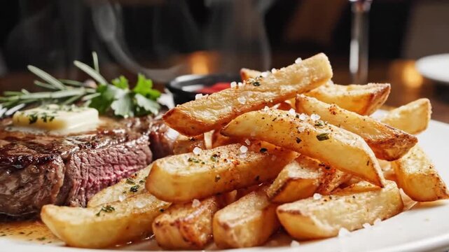 A mouth-watering close-up showcases a perfectly cooked, juicy steak, topped with melting butter and fresh herbs, generating enticing steam. Alongside, a generous serving of golden, seasoned potato wed