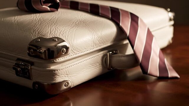 A sophisticated composition featuring a pristine, textured white leather briefcase with polished chrome accents, resting on a dark, reflective wooden surface. A neatly draped striped tie, featuring sh