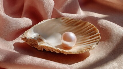 Soft hues of blush and cream cradle a natural pearl, perfectly nestled within a delicate shell. Light dances gently, enhancing the elegance of this tranquil still life