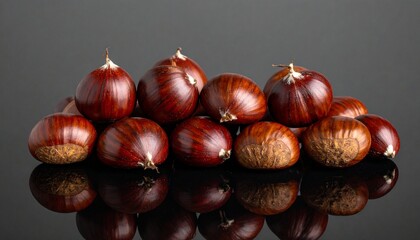 Obraz premium Glossy Brown Chestnuts Arranged on Reflective Black Surface Representing Natural Texture Food Photography Autumn Harvest and Organic Presentation