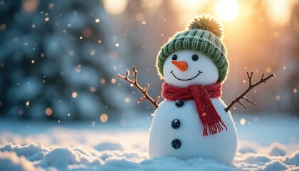 Obraz premium Smiling snowman wears knitted hat and scarf in snowy winter forest. Festive wintertime scene with falling snowflakes. Happy outdoor winter holidays celebration.
