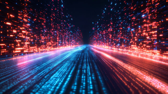Digital data flow on road in concept of cyber global communication and coding with graphic creating vision of fast speed transfer to show agile digital transformation