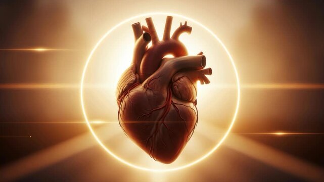 Realistic human hearth with veins and arteries inside a glowing circle. Medical science and anatomy concept.