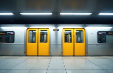Obraz premium Modern train with bright yellow doors arrives at illuminated station platform. Silver metal subway car moves fast on clean grey tiled floor. Commuters wait for transit in urban underground.