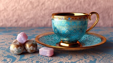 Blue cup with gold trim sits on a table with a plate of candy