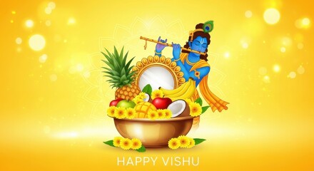 Fototapeta premium Krishna playing flute on Vishu celebration with fruit offering