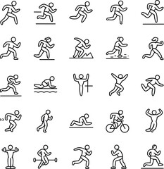 Running sport activity line icon set showing athletes jogging sprinting cycling swimming training and fitness exercises collection vector