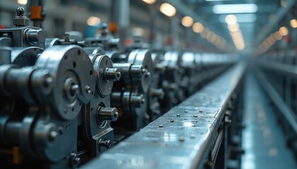 Fototapeta premium Metal gears, parts of advanced automated machine assembly line in modern factory. Industrial mechanism works with precision in production facility. Reflective steel components create abstract pattern.
