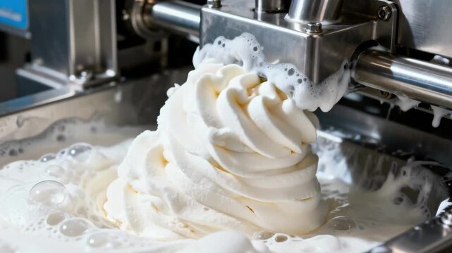 Closeup medium shot of industrial machines creating highoverrun soft ice cream highlighting fluffy texture as air is vigorously incorporated during freezing process.