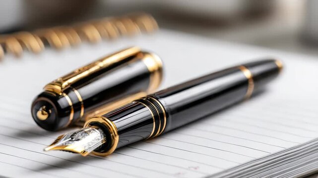 Elegant black and gold fountain pen resting on lined notebook paper, with the cap placed beside it. Classic writing instrument for professionals and creative enthusiasts