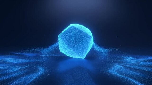 Abstract 3D render of a glowing blue dodecahedron floating above a dark reflective surface with digital particle waves, ideal for technology or science presentations.