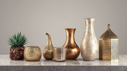 Row of vases and a plant sit on a counter