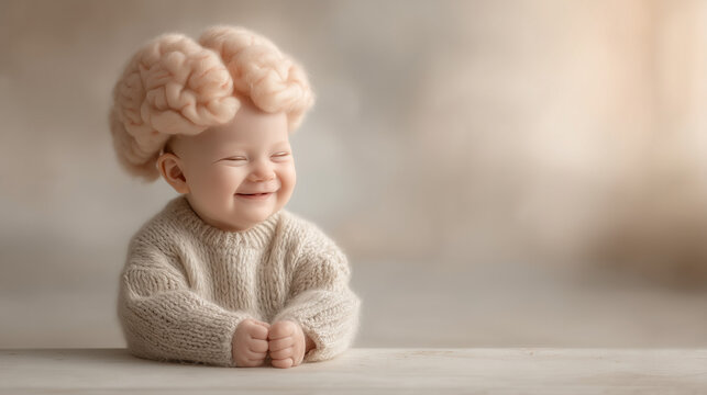 Brainy Baby: A cheerful baby, adorned with a whimsical brain-shaped headpiece, smiles contentedly. A heartwarming portrayal of early learning and intellectual curiosity.