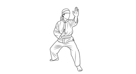 Obraz premium Martial arts fighter in defensive stance, black and white line drawing