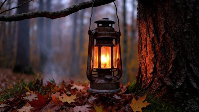 A rustic, antique lantern casts a warm, flickering glow in a serene autumn forest. Hanging gently from a weathered tree branch, its soft illumination highlights a carpet of vibrant fallen leaves in sh