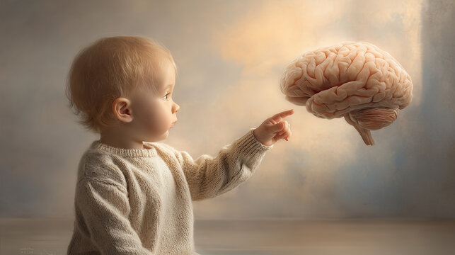 Child's Touch: A curious child reaches out to a stylized representation of a brain, symbolizing early learning, curiosity, and the development of the mind. 