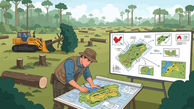 Deforestation Planning Man Analyzing Maps Amidst Logging Operation.