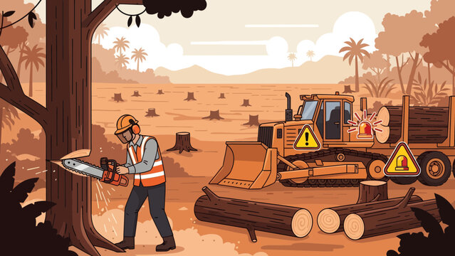 Deforestation Scene Logger Cutting Tree with Bulldozer in Cleared Forest.