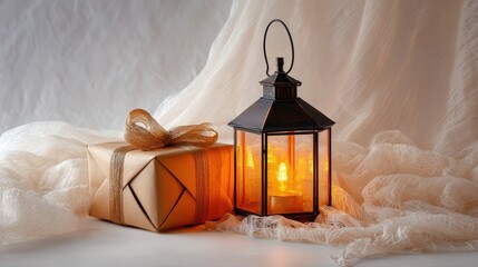 Small lantern sits on a white background next to a large brown box