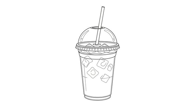 Hand-drawn sketch of an iced coffee in a clear plastic cup with straw and lid