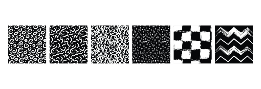Fun hand drawn pattern set with hearts swirls and brush stroke textures