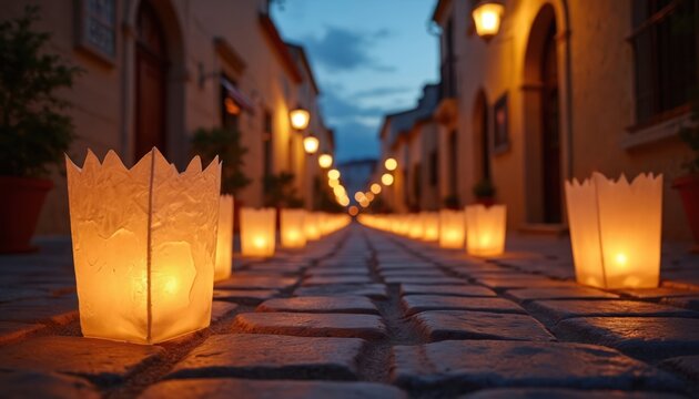 Street with cobblestone pavement illuminated by luminarias at twilight. Buildings line the narrow walkway. Evening decorations create festive atmosphere. Town celebration ambiance.