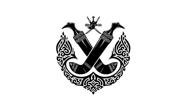 Oman inspired heritage emblem with crossed khanjar daggers vector isolated on white