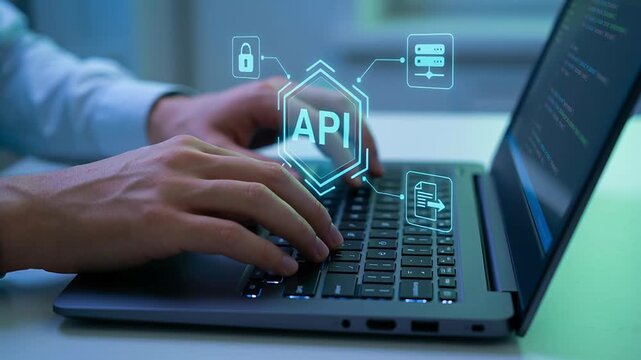 AI integration API system cloud core autonomous task SaaS development technology software programming code typing laptop keyboard workspace