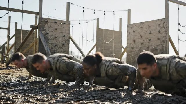 Soldiers doing push ups during an obstacle course race, showing determination and endurance in military training event