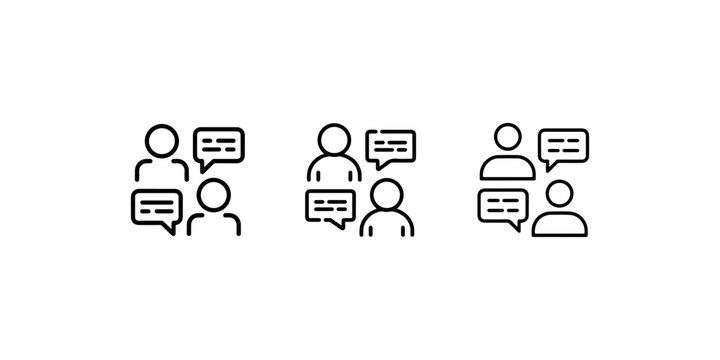 Three different communication and conversation icons showing groups of people talking with speech bubbles and dialogue