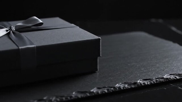 A sleek, black gift box is elegantly presented, meticulously adorned with a sophisticated grey satin ribbon tied in a perfect bow. The box rests on a dark, subtly textured surface, possibly a decorati