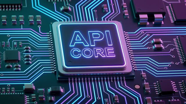 API integration system core cloud autonomous task SaaS development concept with microchip and circuit board for advanced technology and software innovation in AI platform