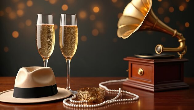 Two champagne flutes with bubbles sit on a wooden table next to a fedora hat. A vintage gramophone and pearl necklace complete the festive 1920s scene with bokeh lights.