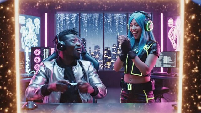 Man playing video game with woman helper, then winning and celebrating, concept of esports competition and online multiplayer gaming