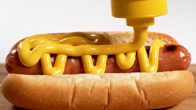 Mustard being squeezed onto a grilled hot dog in a bun, preparing a classic american snack or meal for summer barbecues