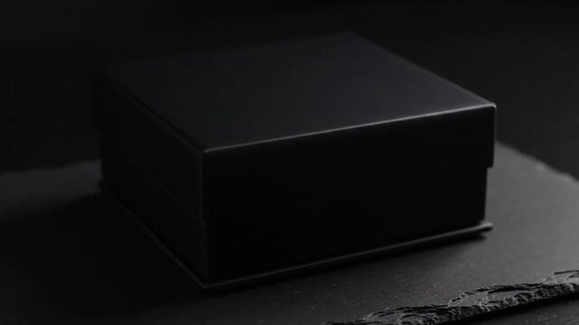 A sleek, minimalist black gift box, perfectly squared and unbranded, rests elegantly on a dark, textured slate surface. The moody, dramatic lighting casts soft shadows and highlights, emphasizing the 