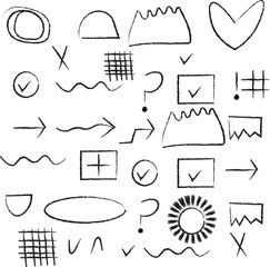 Black scrapbook scribble doodle stickers set on notebook grid background. Crayon or pencil drawn doodle on torn edges collage blue paper. 