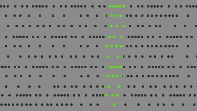 A mass of dots moves against a dark background. A green glow also runs through the stream, simulating a cybernetic world.