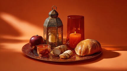 Tray of food and candles is set on a table